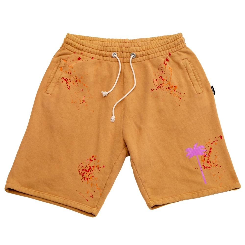 Palm Angels Men's Paint Splatter Sweat Shorts Tan Palm Tree Graphic Size XXL‎
